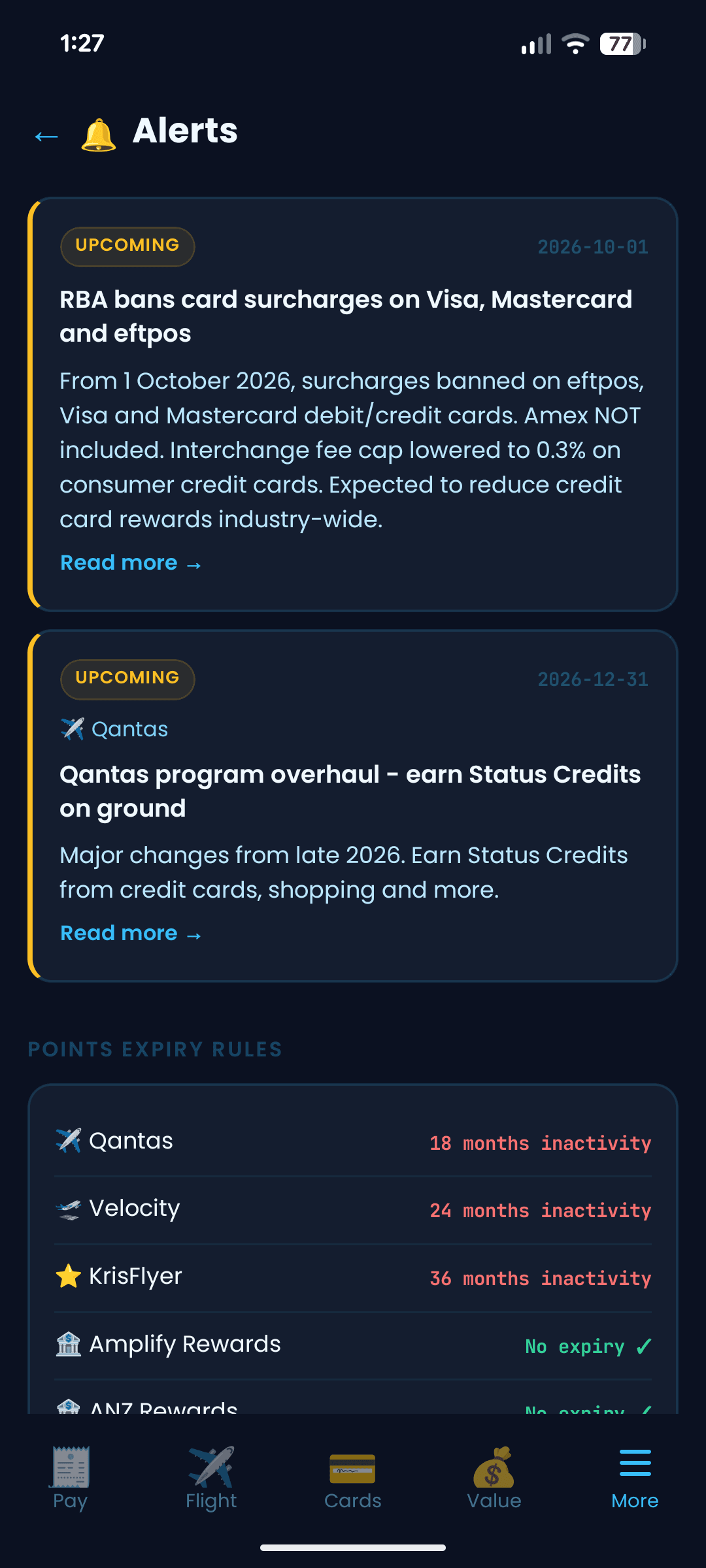 PointMate Alerts screen showing points program change notifications