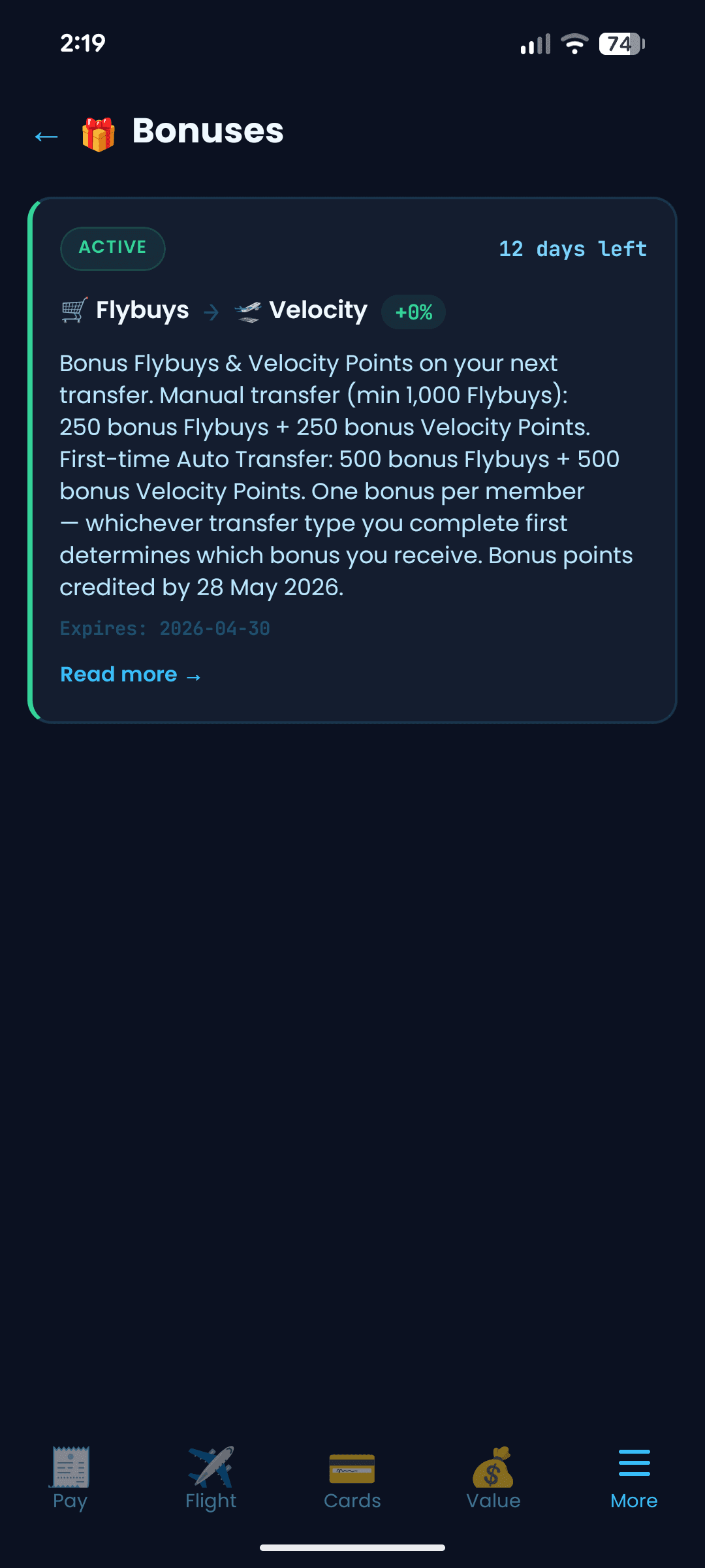 PointMate Bonuses screen showing active transfer bonus promotions