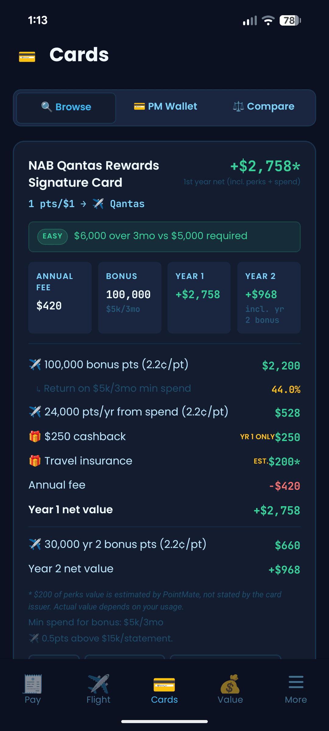 PointMate Cards screen showing a comparison of Australian rewards cards