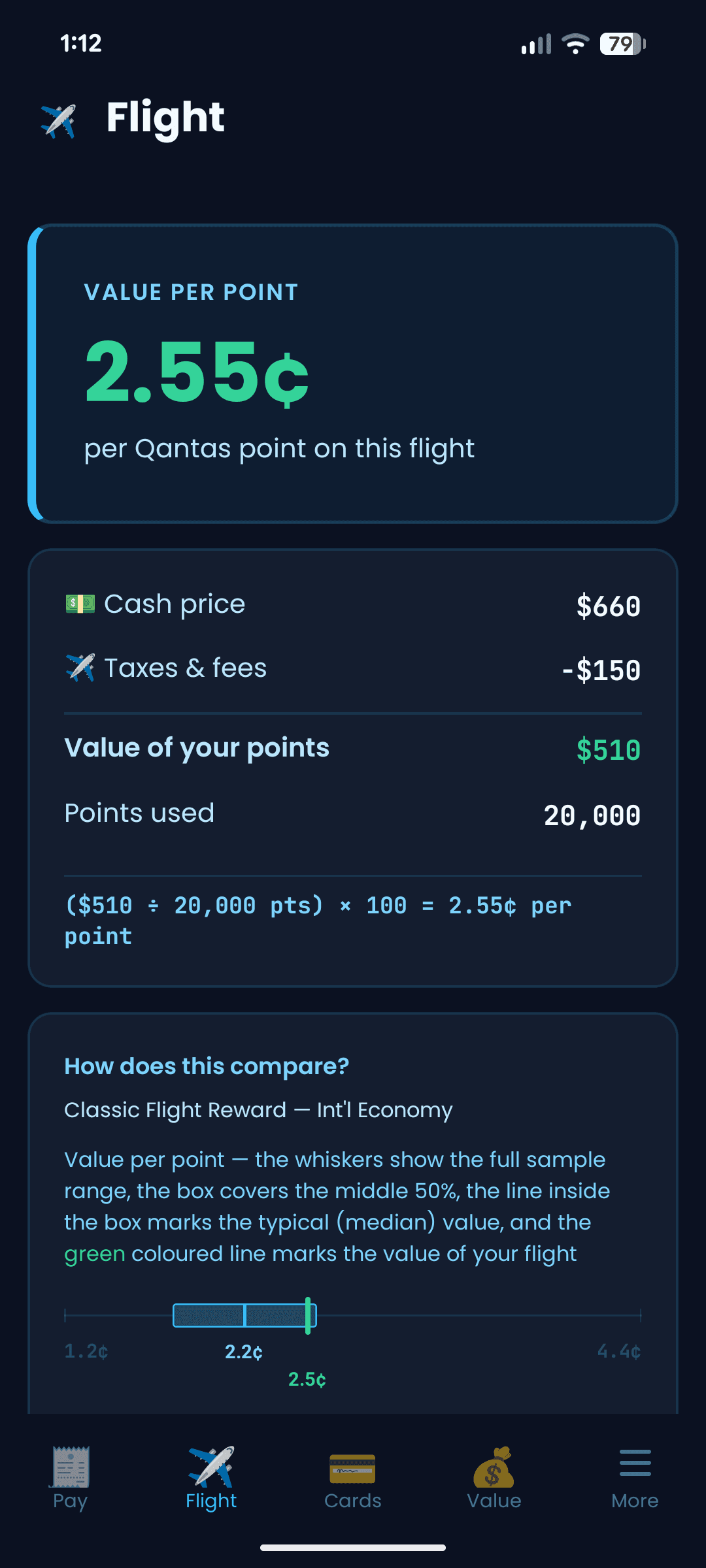 PointMate Flight screen showing the value of points on a flight booking