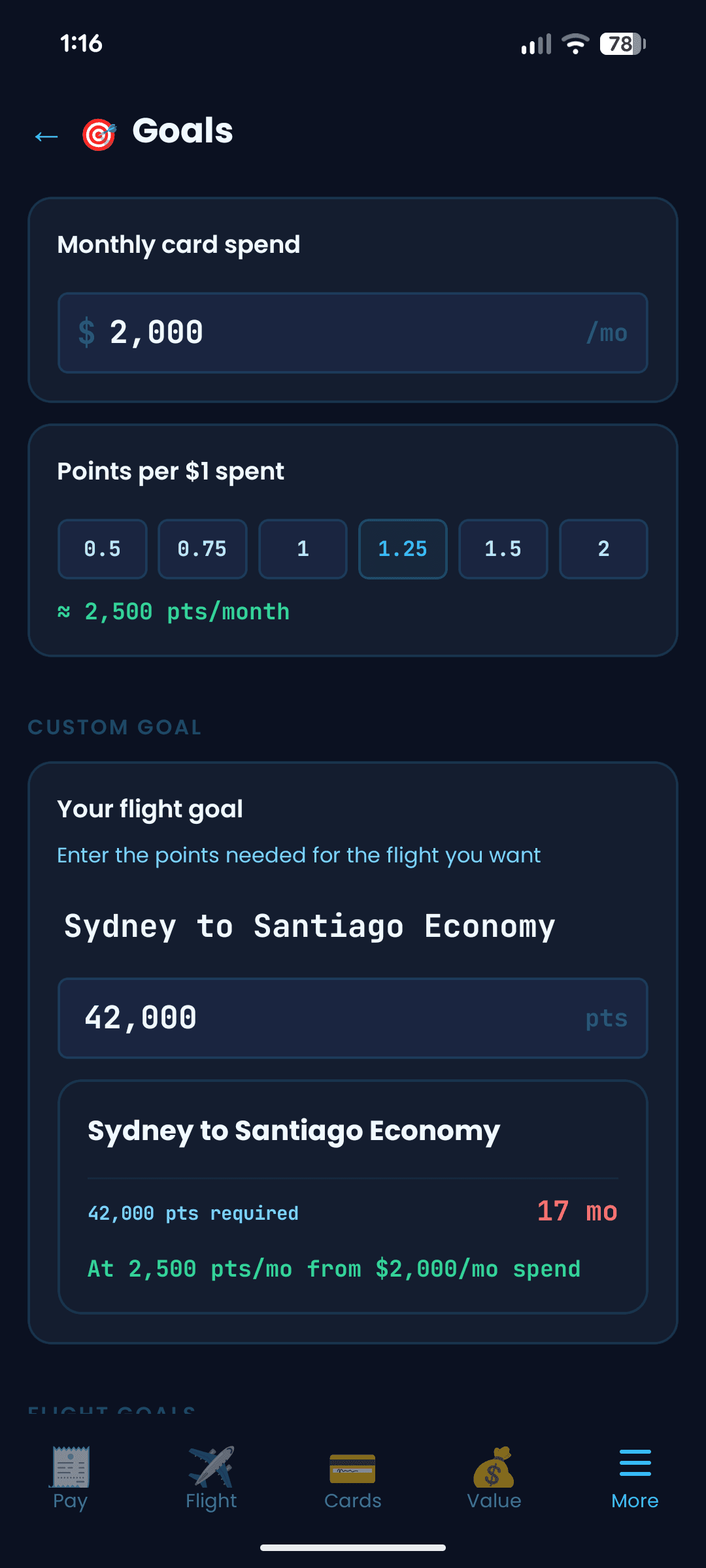 PointMate Goals screen showing months of spending required for a target flight