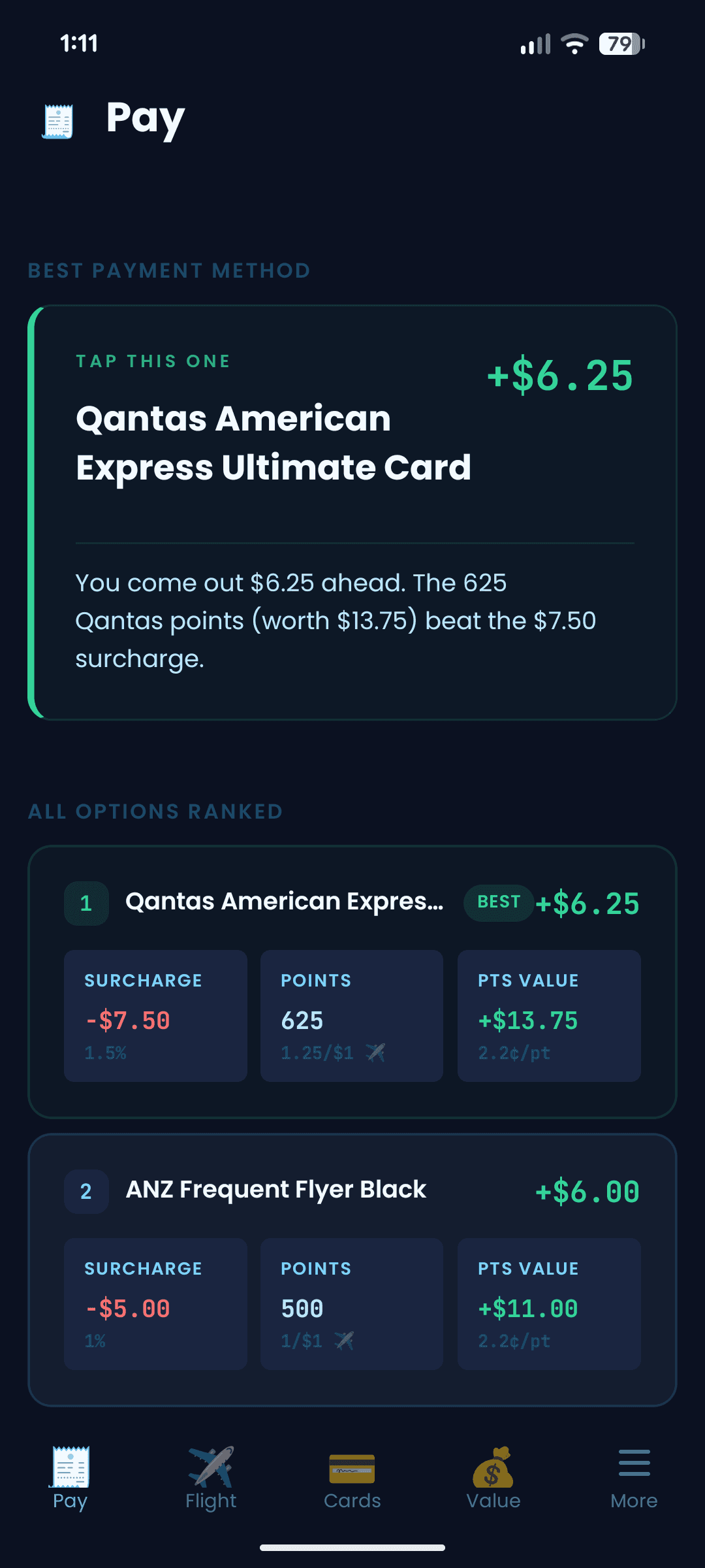 PointMate Pay screen showing the best card recommendation for a purchase