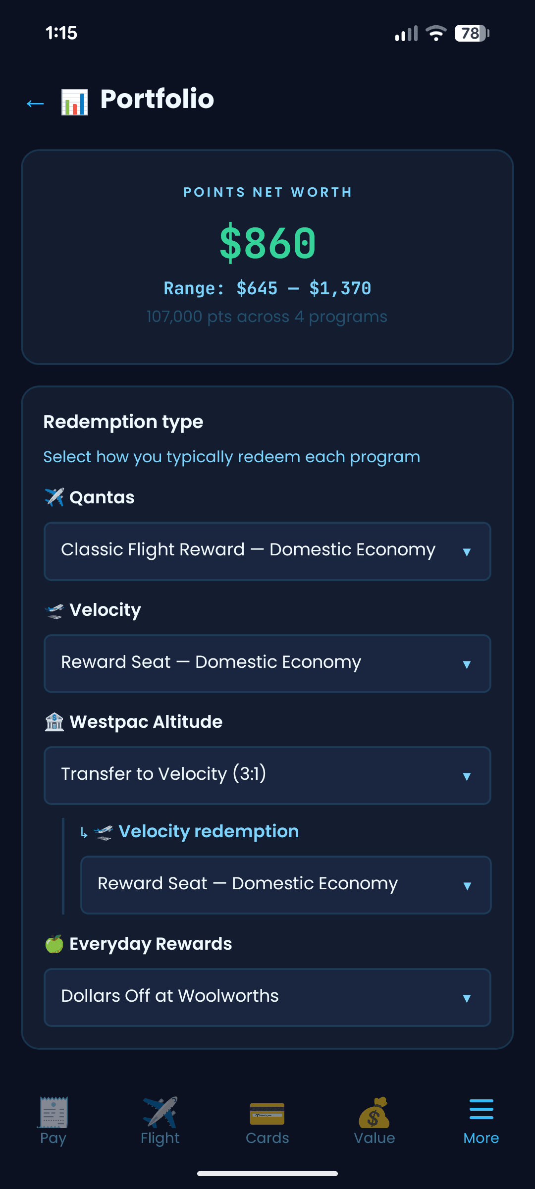 PointMate Portfolio screen showing total points net worth across programs