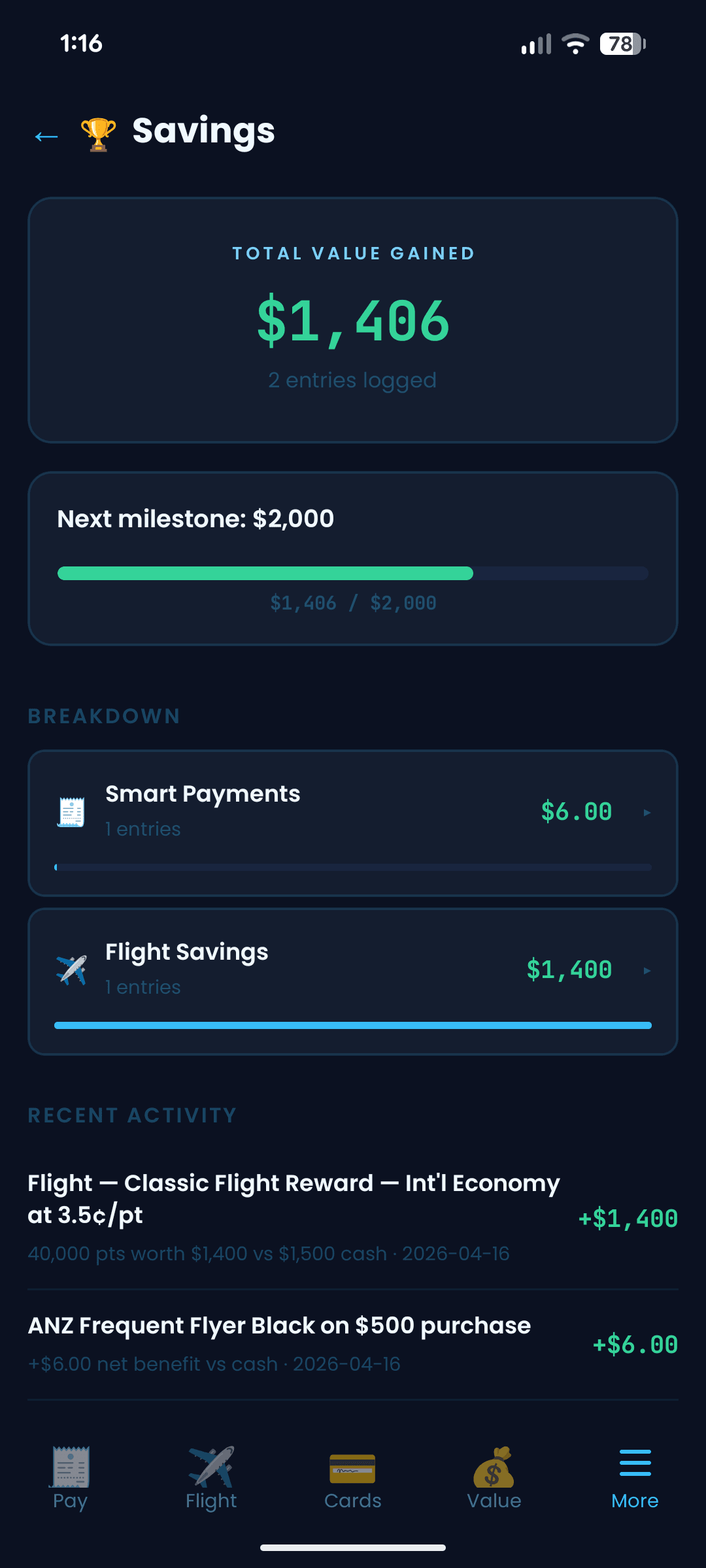 PointMate Savings screen tracking dollar value gained from smart points decisions