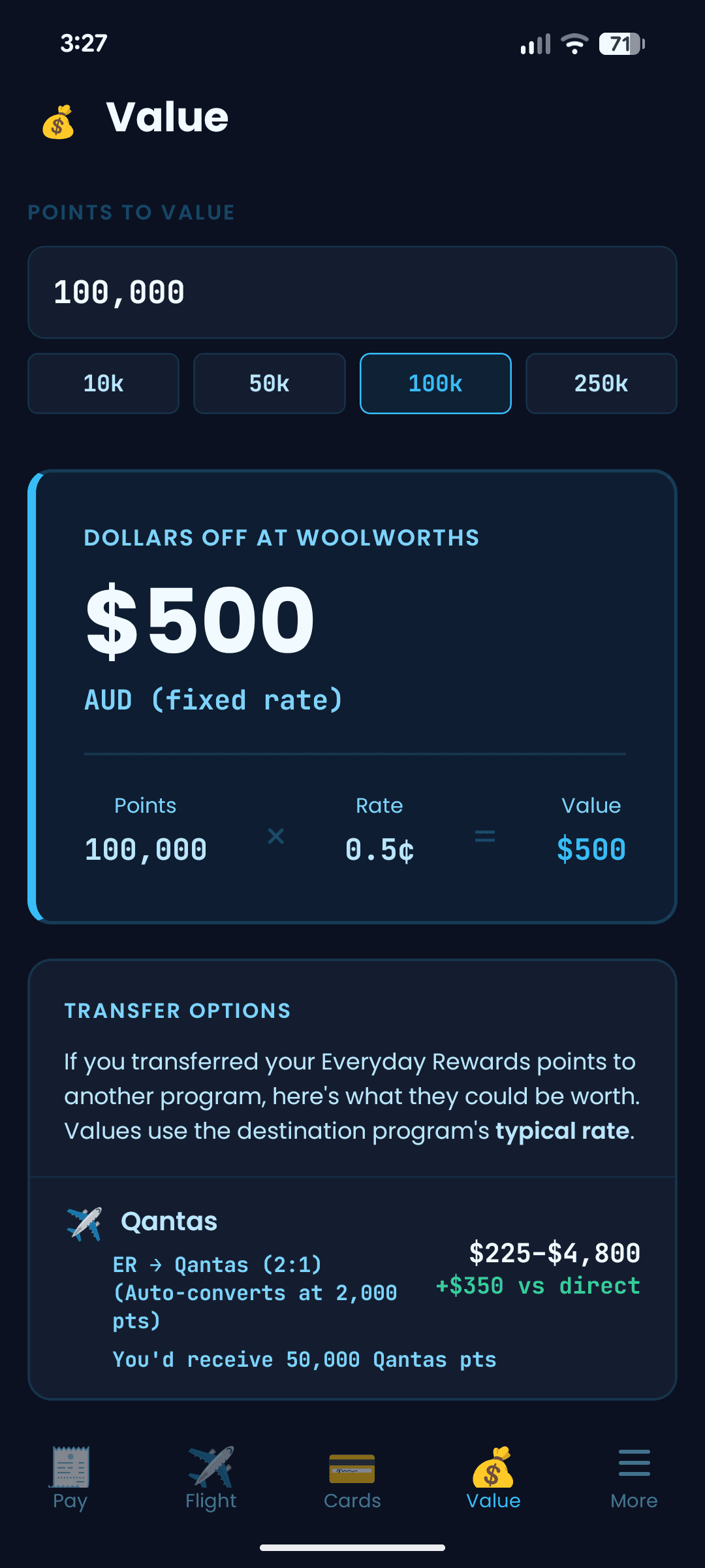 PointMate Value screen showing a points balance converted to Australian dollars